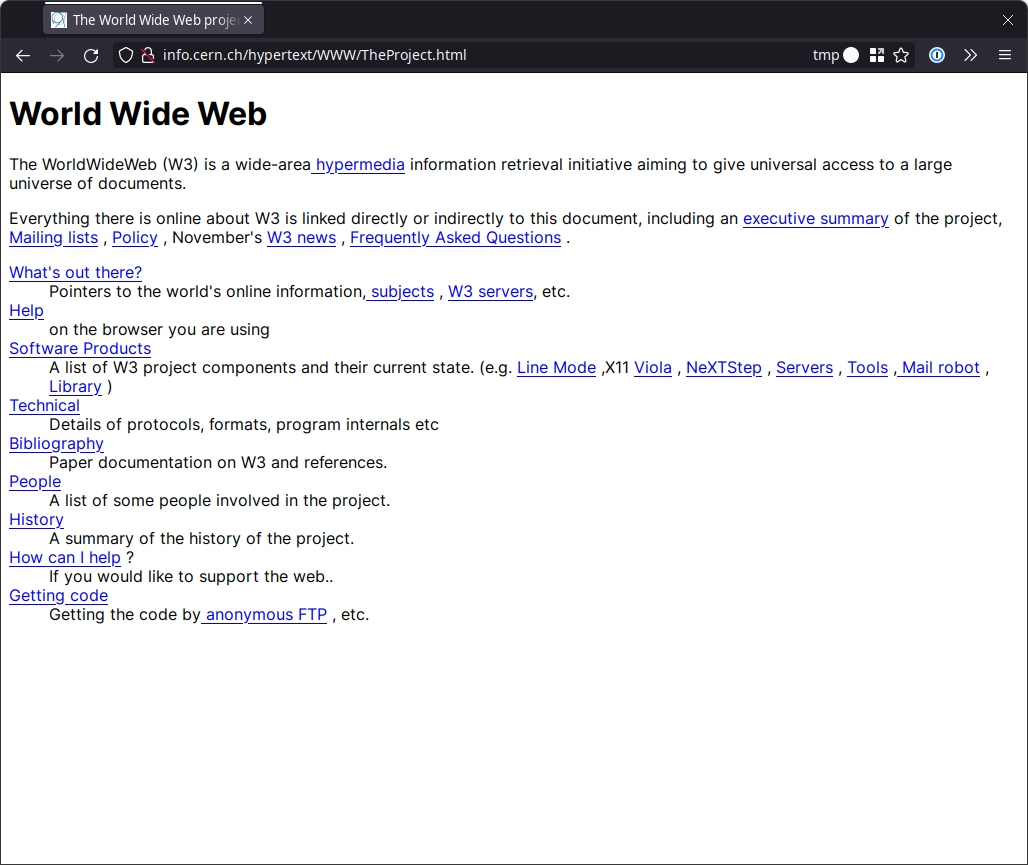 A screenshot of a modern browser loading the worlds first website: info.cern.ch