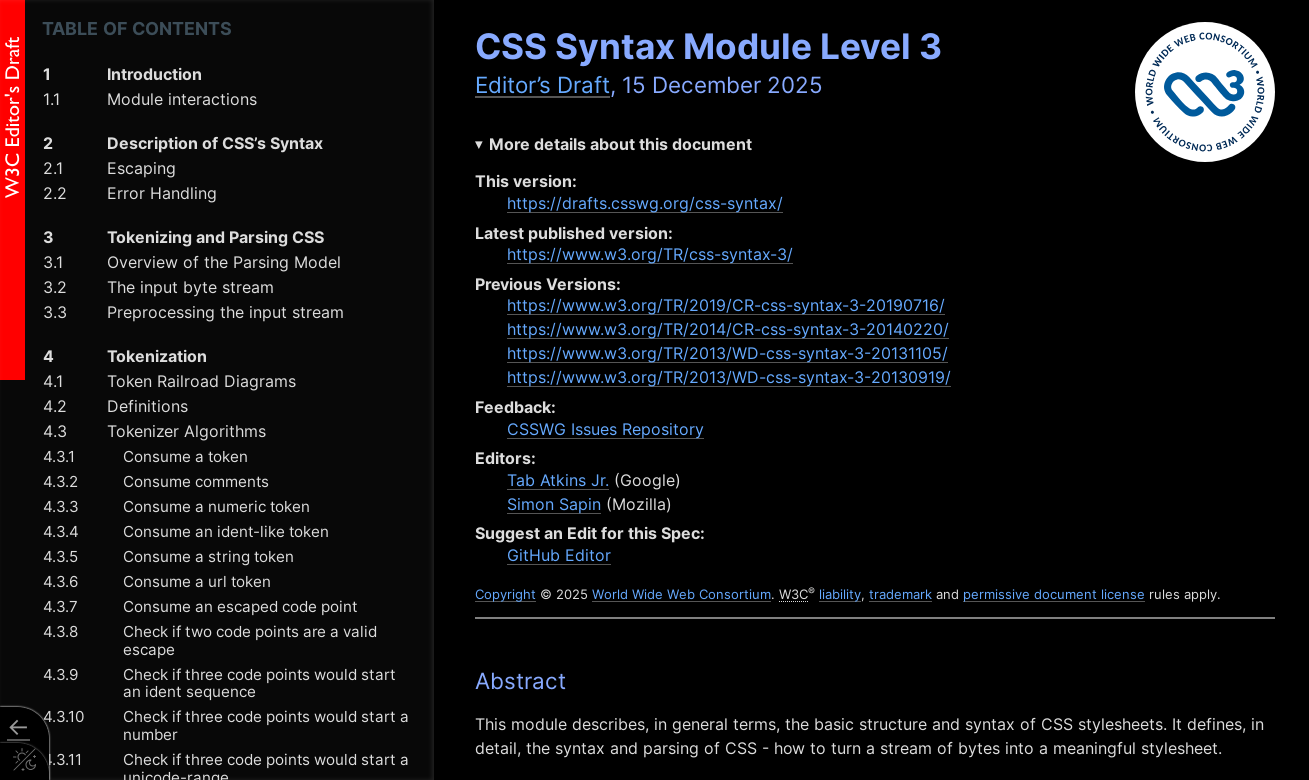 CSS Syntax 3 spec screenshot